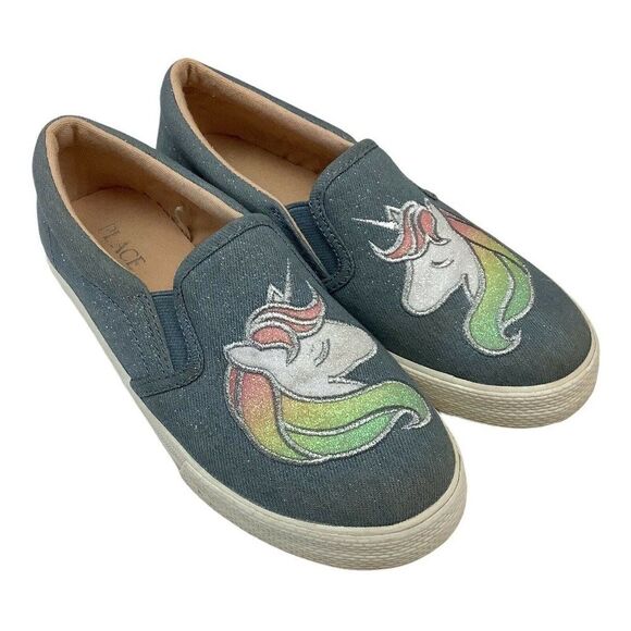 Girls Blue Denim Slip On Sneaker Shoes Unicorn Glitter Size 4 Flat Whimsical - Picture 8 of 8